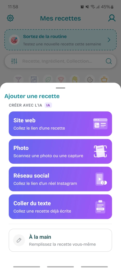 Écran d'import et d'enregistrement d'une recette dans The Pitance